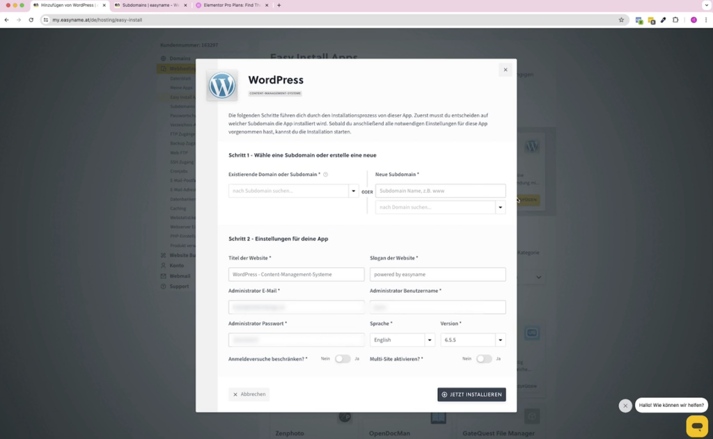 Wordpress Installations-Fenster