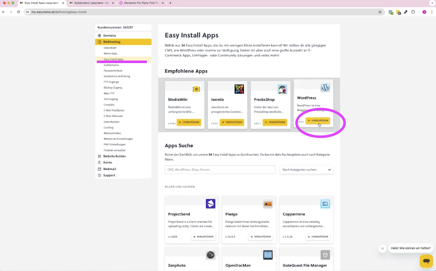 Wordpress installieren bei easyname
